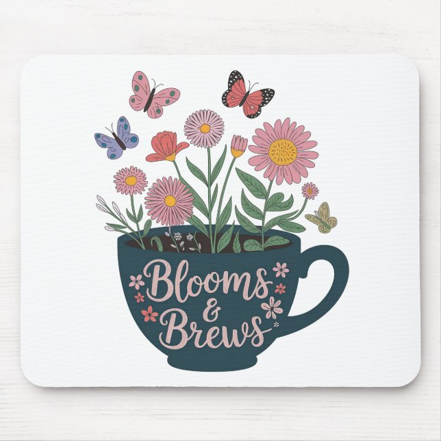 Blooms & Brews Design - Whimsical Floral Graphic  Mouse Pad (Front)