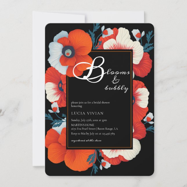 Blooms & Bubbly Bright Red Floral Bridal Shower Invitation (Front)
