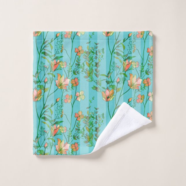 Blooms on Aqua Blue Striped Background Wash Cloth (Wash Cloth)