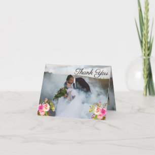 Blooms Watercolor 3 Photo Wedding Thank You Card