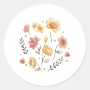 Bloomy flowers and leaves watercolor classic round sticker