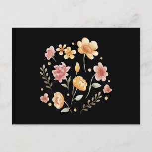 Bloomy flowers and leaves watercolor postcard