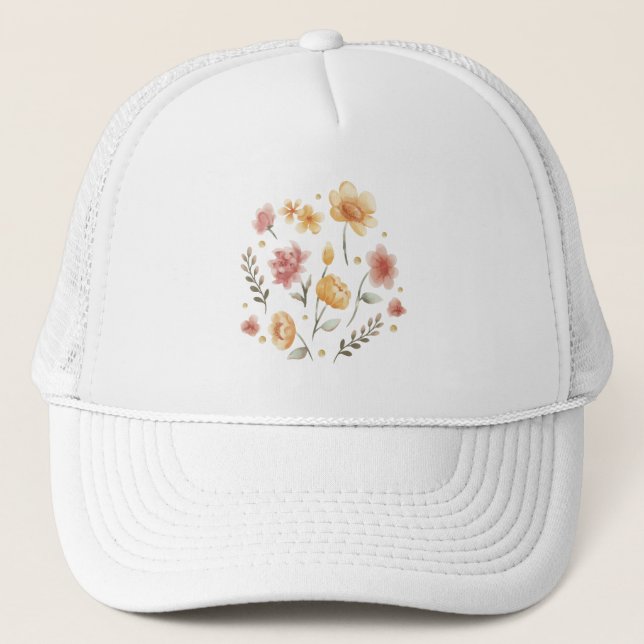 Bloomy flowers and leaves watercolor trucker hat (Front)