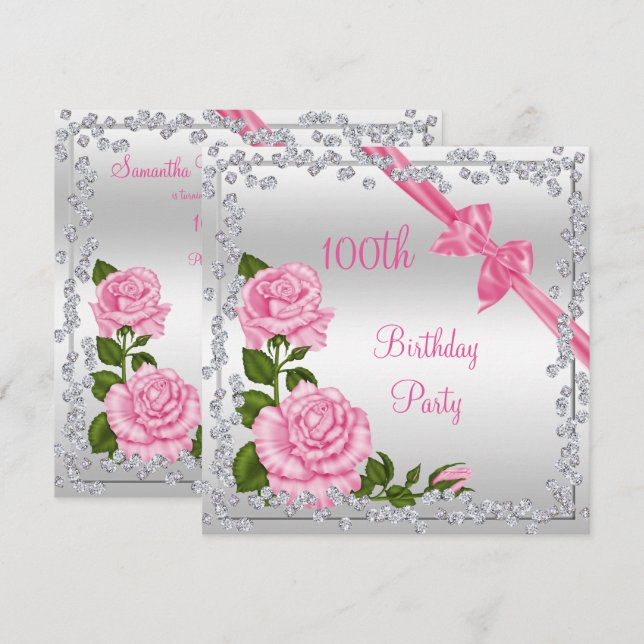 Blossom Bows & Diamonds 100th Birthday Invitation (Front/Back)