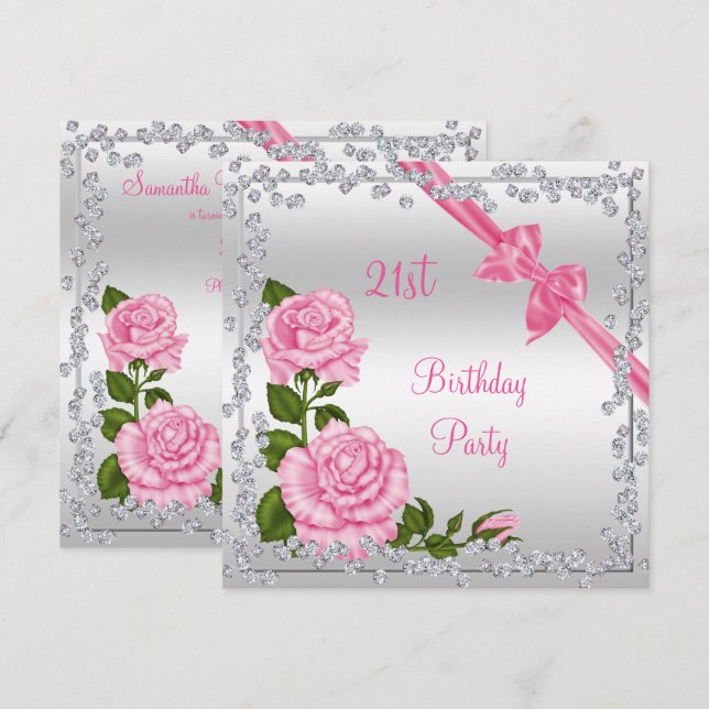 Blossom Bows & Diamonds 21st Birthday Double Sided Invitation (Front/Back)