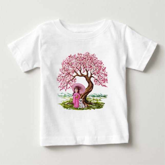 Blossom Dreams: Kimono Girl & Puppy Baby T-Shirt (Front)