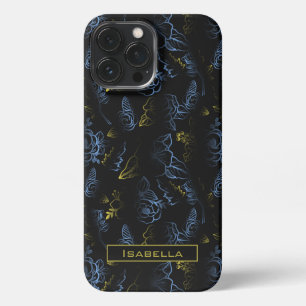Blossom floral pattern gold blue personalised name iPhone 13 pro max case