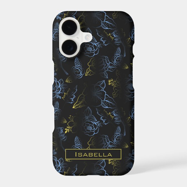 Blossom floral pattern gold blue personalised name iPhone case (Back)