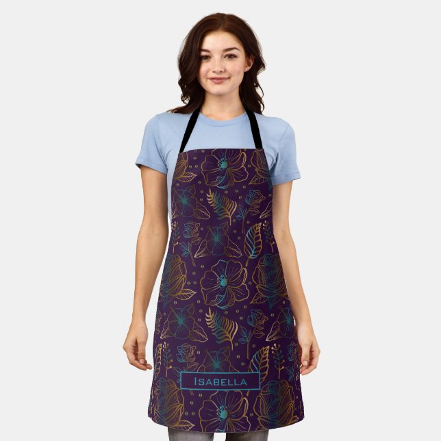 Blossom floral pattern purple personalised name  apron (Worn)