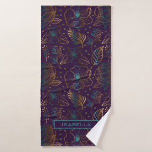Blossom floral pattern purple personalised name bath towel