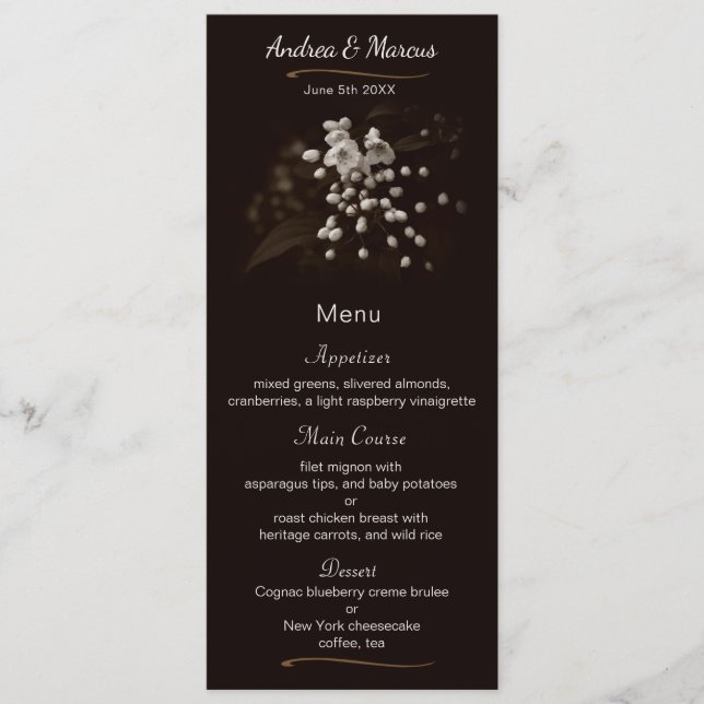 Blossom Flowers Vignette Wedding Menu Card (Front)