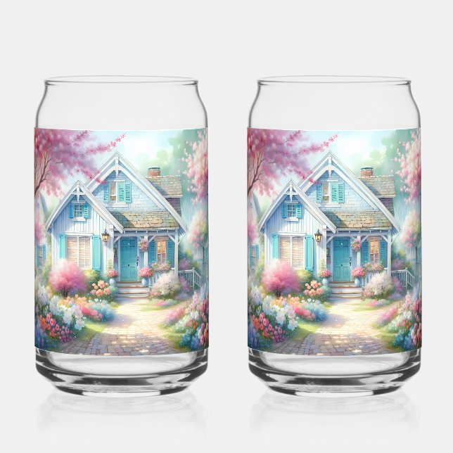 Blossom Lane Blue Cottage Garden Can Glass (Front)