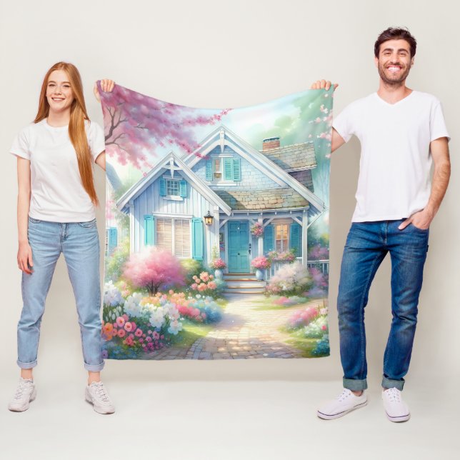 Blossom Lane Blue Cottage Garden Fleece Blanket (In Situ)