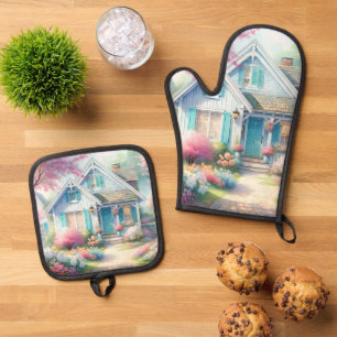 Blossom Lane Blue Cottage Garden Oven Mitt & Pot Holder Set