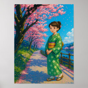 Blossom Path in Spring – Japanese Kimono Girl Art Poster
