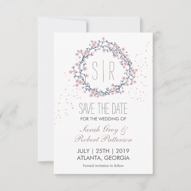 Blossom Pink Flower Wreath Wedding Save The Date (Front)
