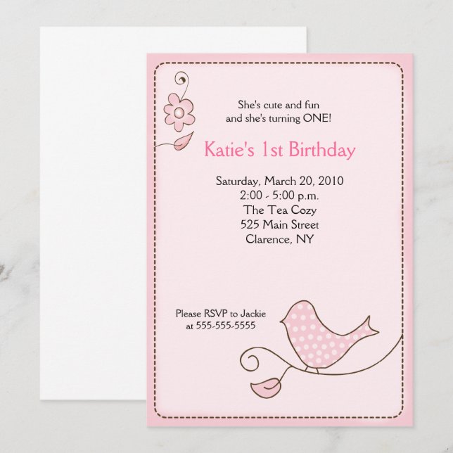 Blossom Polka Dot Pink Bird Birthday Invitation (Front/Back)