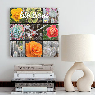 “Blossom” Quote Vivid Cacti & Roses Close-up P Square Wall Clock