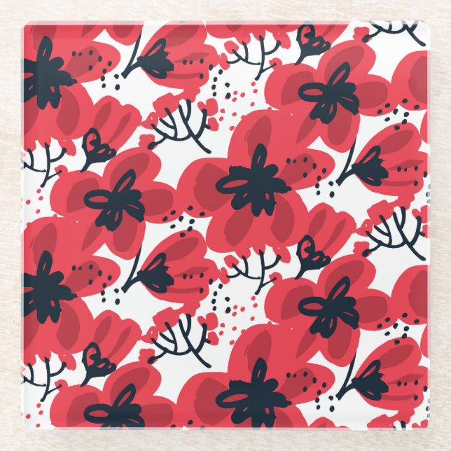 Blossom Red: Abstract Hand-Drawn Pattern. Glass Coaster (Front)