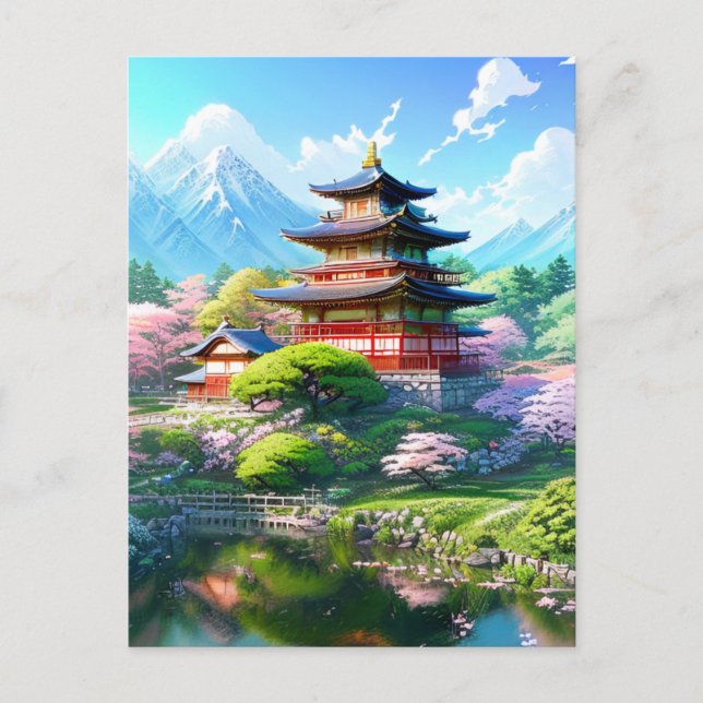Blossom Serenity at Japanese Temple Postcard (Front)