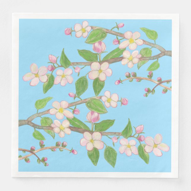 Blossoming Apple Tree Branch Sky Blue Napkin (Front)