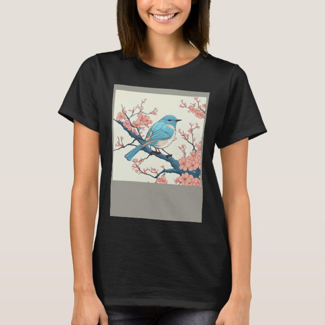 Blossoming Bluebird on Sakura Branch  Floral Fligh T-Shirt (Front)
