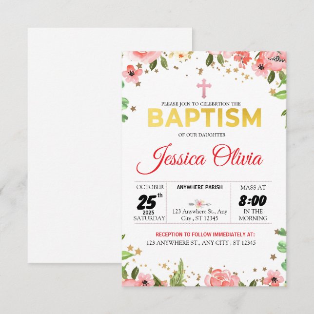 Blossoming Faith: Pink Floral Baptism Invitation  (Front/Back)