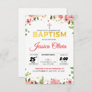 Blossoming Faith: Pink Floral Baptism Invitation
