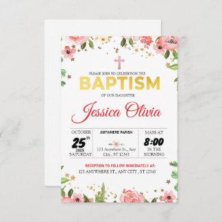 Blossoming Faith: Pink Floral Baptism Invitation 