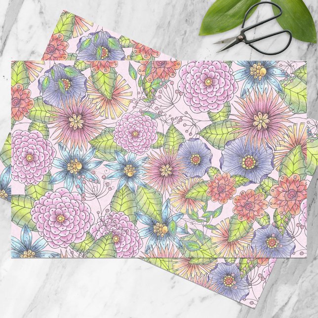 Blossoming Flowers and Green Leaves on Blush Pink Tissue Paper (Creator Uploaded)