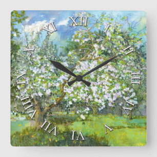 Blossoming garden  painting  watercolor  square wall clock