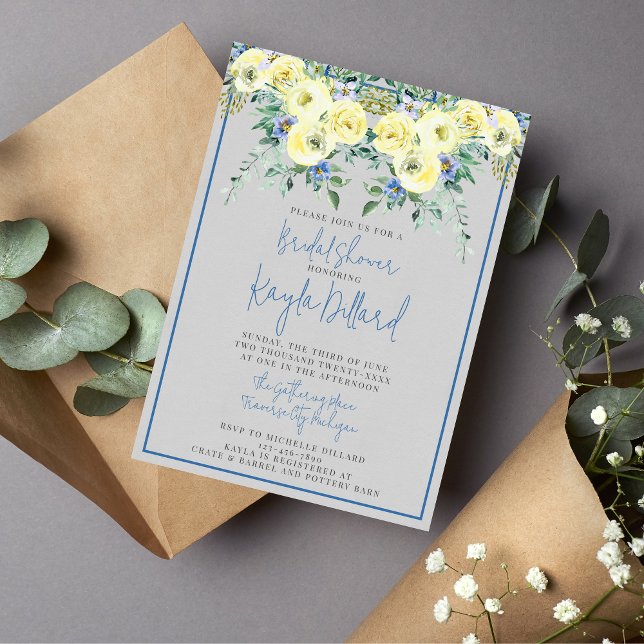 Blossoming Love Blue Yellow Spring Bridal Shower Invitation (Creator Uploaded)