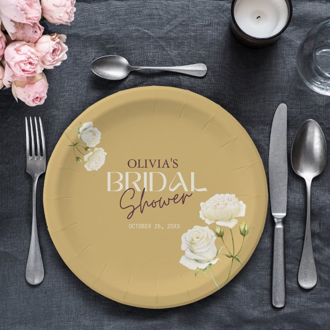 Blossoming Love with White Rose Bridal Shower Paper Plate (Creator Uploaded)