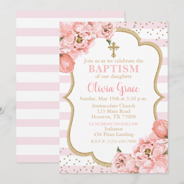 Blossoming Peonies Pink Blush & Gold Baptism Invitation (Front/Back)