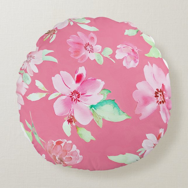 Blossoming Pink Floral Round Pillow (Front)