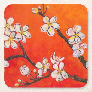 Blossoming tree branch with white flowers square paper coaster