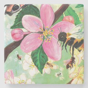 Blossoming Tree with Bees Illustration Stone Coaster