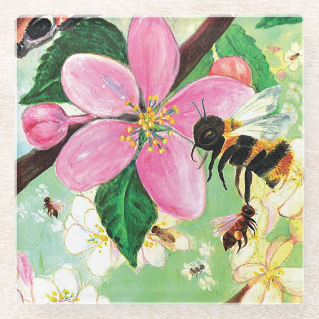 Blossoming Tree with Bees Illustration Trivet Glass Coaster (Front)