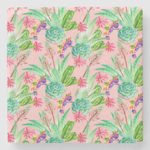 Blossoming Watercolor Succulents Pattern Stone Coaster