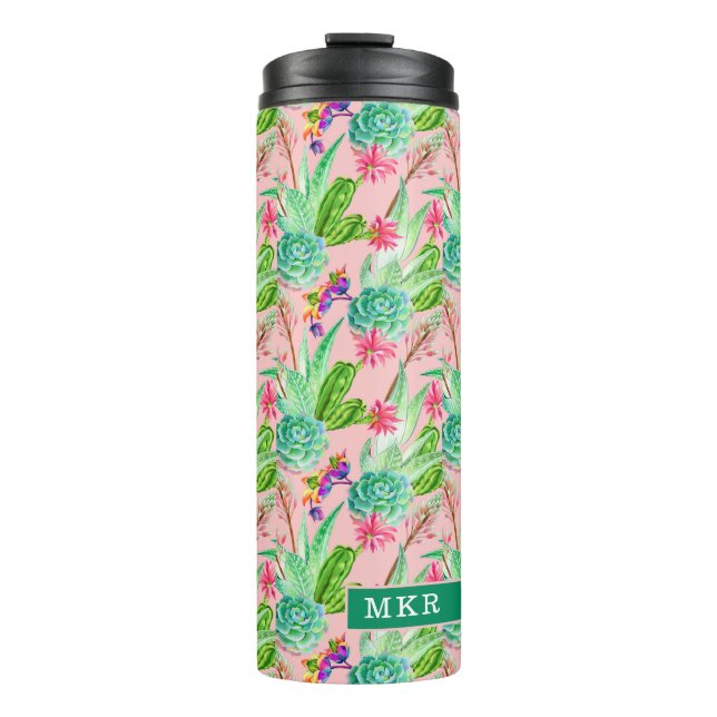 Blossoming Watercolor Succulents Pattern Thermal Tumbler (Front)