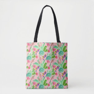 Blossoming Watercolor Succulents Pattern Tote Bag