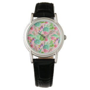 Blossoming Watercolor Succulents Pattern Watch