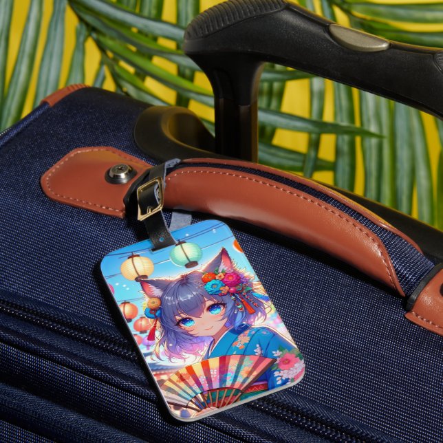 Blossoms and Lanterns: Anime Catgirl Festival Luggage Tag (Front Insitu 1)
