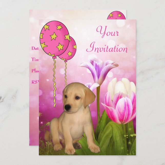 Blossoms Balloons & Labrador Puppy Event Invitation (Front/Back)