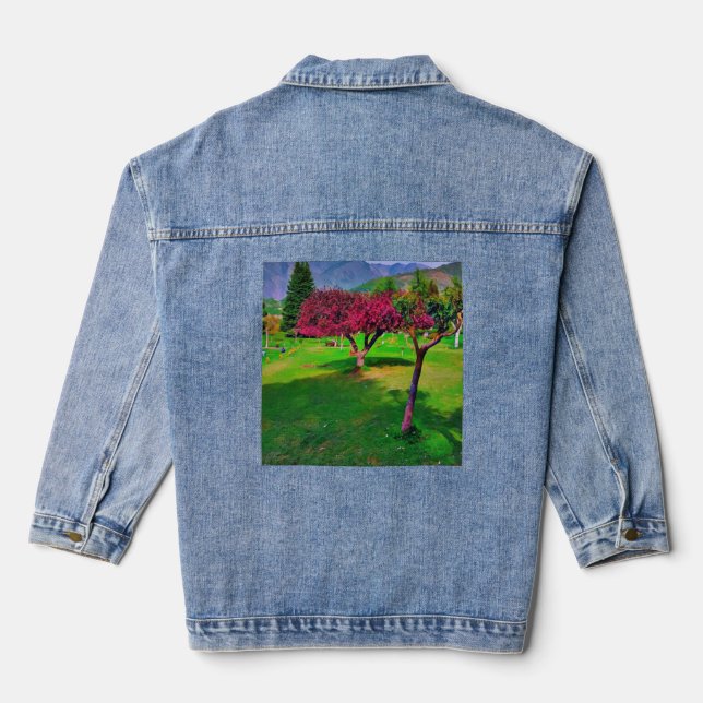 Blossoms Beneath the Mountains" 🌸⛰️ Denim Jacket (Back)