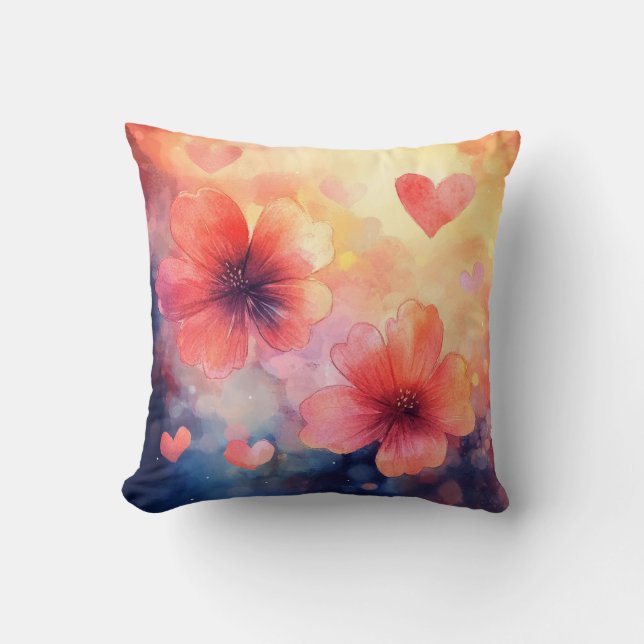 Blossoms & Hearts – Romantic Watercolor Pillow (Front)