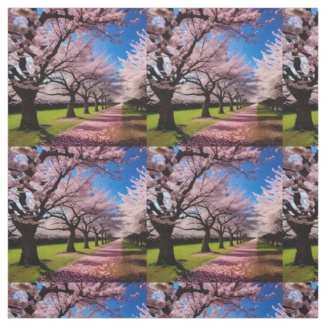 "Blossoms in Bloom: Rows of Cherry Trees in Spring Fabric (Swatch)