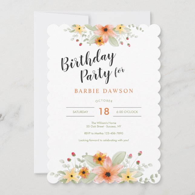 Blossoms in Watercolor Birthday Party Invitation (Front)