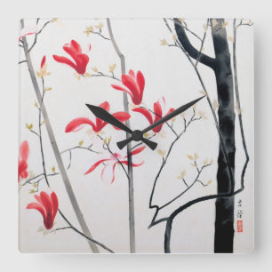 Blossoms of Magnolia Tree, Kobayashi Kokei Square Wall Clock