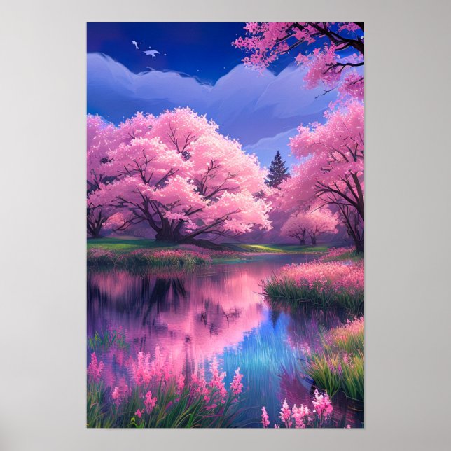 Blossoms on Blue, Sakura Trees by the River Poster (Front)